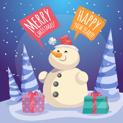 Cartoon Merry Christmas and Happy New Year poster. Smiling snowman in Santa hat with gift boxes in forest. Speech bubbles with sign.