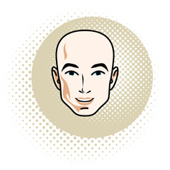 Vector illustration of handsome male face, positive face features of hairless man, clipart.