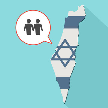 Animation of a long shadow Israel map with its flag and a comic balloon with a gay couple pictogram
