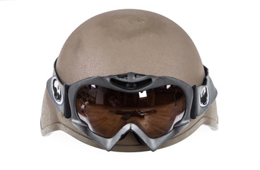 military helmet with glasses