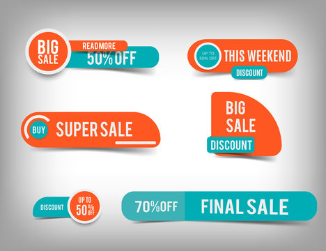 Sale banner collection, discount tag, special offer. Orange blue website stickers on a gray abstract background, web page design. Vector illustration, eps10