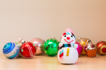 Fototapeta na wymiar Snowman and Christmas tree toys. Christmas composition