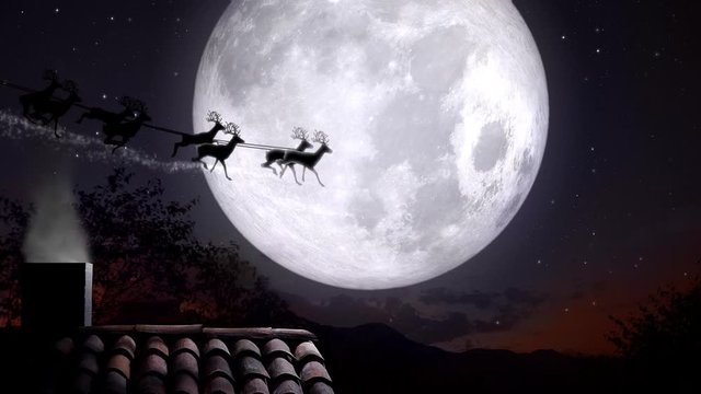 xmas night with rooftop and smoky chimney with Santa Claus sleight and reindeer silhouette flying by the moon with text space to place logo or copy.Animated Christmas present greeting post card video