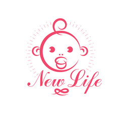 Cute smiling child face vector emblem. Innocent tiny firstborn illustration, childcare concept. Neonatal care center conceptual symbol