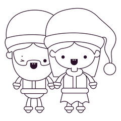 santa claus couple cartoon full body man wink eye and woman smiling silhouette on white background