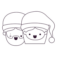 santa claus couple cartoon faces man wink eye and woman smiling silhouette on white background