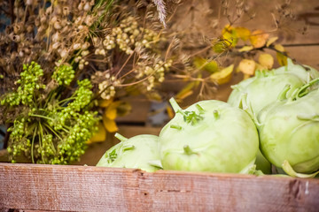 kohlrabi in a wooden box