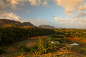 Fototapeta na wymiar Famous Cuba farmland tobacco area at sunset, Valley de Vinales,Cuba.