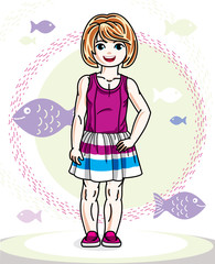 Happy little redhead girl posing on marine background with fishes and wearing fashionable casual clothes. Vector character.
