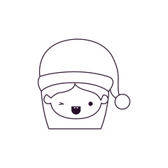santa claus woman kawaii face with wink eye and happines expression with hat silhouette on white background