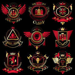 Vector classy heraldic Coat of Arms. Collection of blazons stylized in vintage design and created with graphic elements, royal crowns and flags, stars, towers, armory, religious crosses.