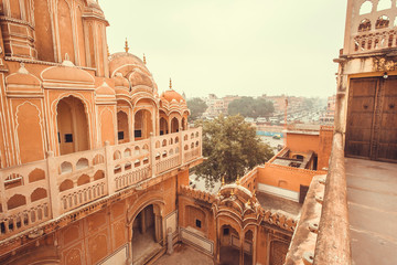 Carved balconies and towers of Hawa Mahal -Palace of Winds- built in 1799 in Jaipur, capital of Rajasthan of India.