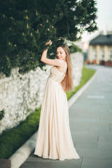 Attractive young woman with long dress enjoying her time outside in park sunset background