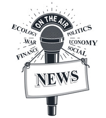 3d microphone vector illustration with news label. Broadcasting concept, social, economical, political news reporting.