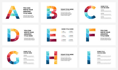 Vector alphabet infographic, presentation slide template. Business infographics concept with letters A, B, C, D, E, F, G, H, I and place for your text. 16x9 aspect ratio.