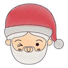santa claus man kawaii face wink eye expression with hat color crayon silhouette on white background