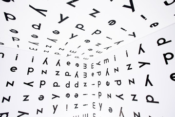 Many english letters inside room of library or school with alphabet symbols on wall and ceiling. Concept of knowledge and education