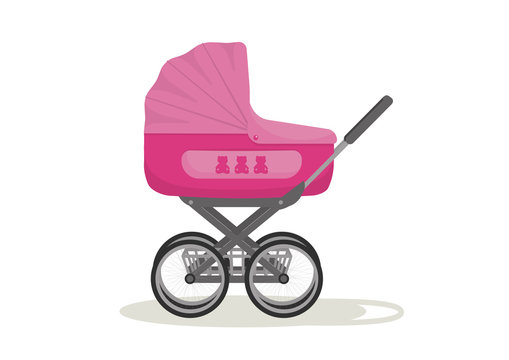 Baby carriage stroller. Pink pram on white background. Vector illustration.