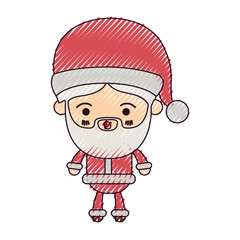 santa claus man kawaii full body cartoon surprised expression with hat and costume color crayon silhouette on white background