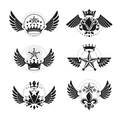 Royal Crowns and Ancient Stars emblems set. Heraldic Coat of Arms decorative logos isolated vector illustrations collection.