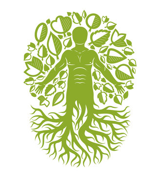 Vector human, individuality created with tree roots and surrounded by eco green leaves. Family tree, tree of life conceptual graphic illustration.