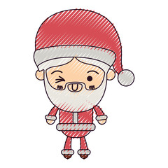 santa claus man kawaii full body cartoon wink eye expression with hat and costume color crayon silhouette on white background