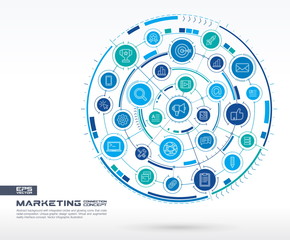 Abstract marketing and seo background. Digital connect system with integrated circles, glowing thin line icons. Network system group, interface concept. Vector future infographic illustration