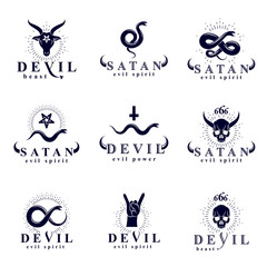 Obraz premium Set of vector demonic infernal mystic logotypes created using poisonous snakes, horned wicked dead head symbols, pagan pentacles and goats with 666 numbers as illustration of Lucifer.