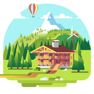 Ski resort mountain landscape with lodge and spruce trees on background. Summer vacation. Flat vector illustration.