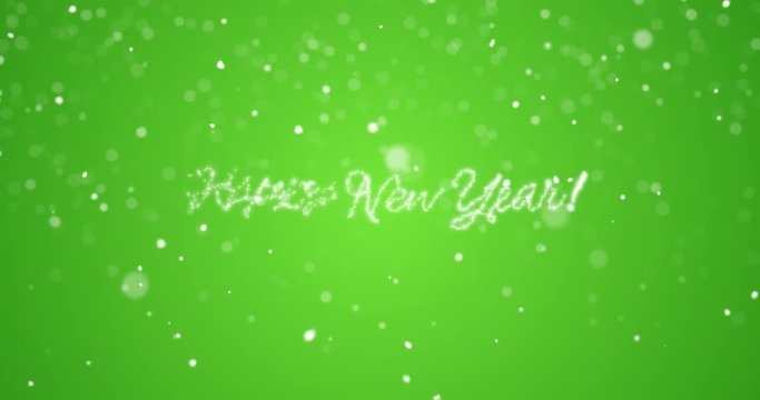 Looping Happy new year message in english,german,french,spanish,italian,portuguese multi language with copy or logo space on green background.Animated holiday greetings card seamless loop 4k video