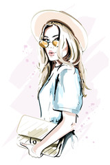 Beautiful young woman in hat. Fashion lady in sunglasses. Stylish woman portrait. Sketch. Vector illustration.