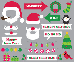 Christmas party photo booth props (Santa hats and beards, naughty and nice signs, decoration)