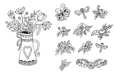 Bouquet of flowers in the vase. Floral elements on a white background.