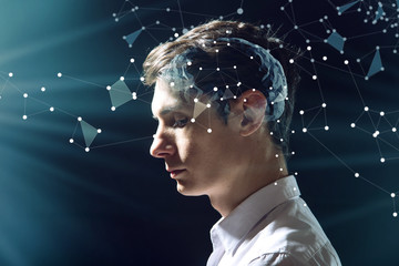 The man's head businessman with digital brain and connections of neurons. The concept of artificial intelligence