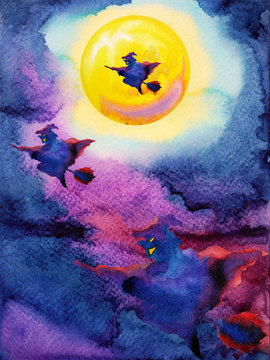 witch flying on night sky halloween yellow full moon party background watercolor painting hand drawn