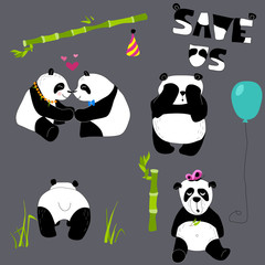 Obraz premium Śliczna i zabawna panda z zestawem akcesoriów. Doodle ręcznie rysowane styl.