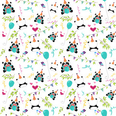 Cute panda celebrates Birthday. White background. Seamless pattern.