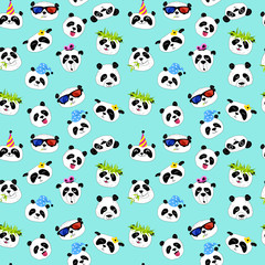 Cute and funny heads of pandas. Blue background.
