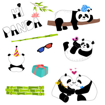 Cute and funny panda with accessories set. Doodle hand drawn style.