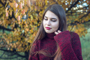 Beautiful colorful portrait of a woman in a red sweater and bright lipstick in the autumn Park. Concept of Autumn mood