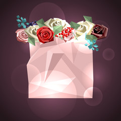 Pink squared backdrop for text and flower bouquet consisting of roses and decorative branches in low poly style.