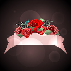 Ribbon for text and flower bouquet consisting of roses, decorative branches in low poly style.