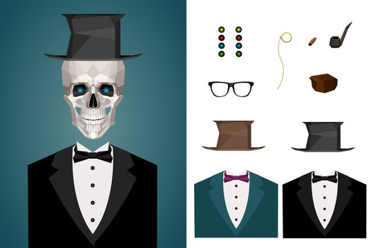 intage male skeleleton with accessories set in low poly style.