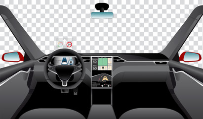Interior of self driving car with navigation, main and head up displays. Vector illustration