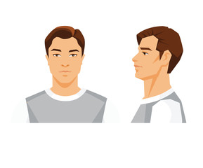 Vector illustration of brunette man's face on white background. Various turns heads. Face in front view and side view.