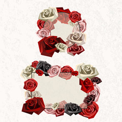 Flower frames consisting of roses and decorative branches set in low poly style. Vector illustration.