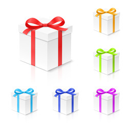 Gift box set with red, gold, blue, green and purple color bow knot, ribbon isolated on white background. Happy birthday, Christmas, New Year, Wedding package concept. Closeup Vector 3d illustration