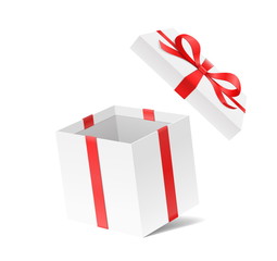 Empty open gift box with red color bow knot and ribbon isolated on white background. Happy birthday, Christmas, New Year, Wedding or Valentine Day package concept. Closeup Vector illustration 3d view