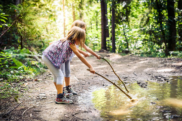 Children hiking in mountains or forest with sport hiking shoes.