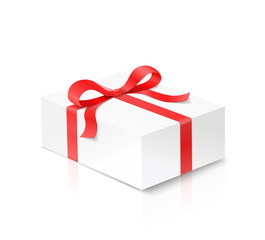 Gift mobile phone box with red color bow knot and ribbon isolated on white background. Happy birthday, Christmas, New Year, Wedding or Valentine Day package concept. Closeup Vector illustration 3d